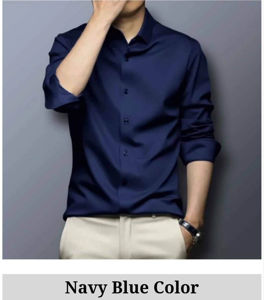 Navy Spandex Glossy Fabrics Shirt